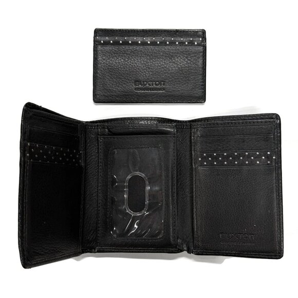 Buxton Lot of 2 Black Mens Trifold Leather Wallet & Slim Front Pocket ID - Picture 1 of 10